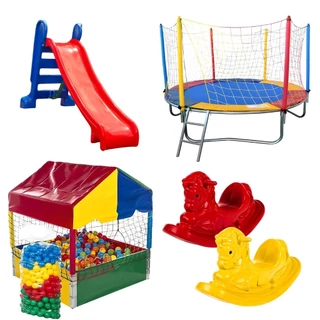 Kit Cama Elástica 2,30m + Piscina Quadrada 1,00m + 500 Bolinhas + Escorregador Médio + 2 Gangorras 1 Lugar