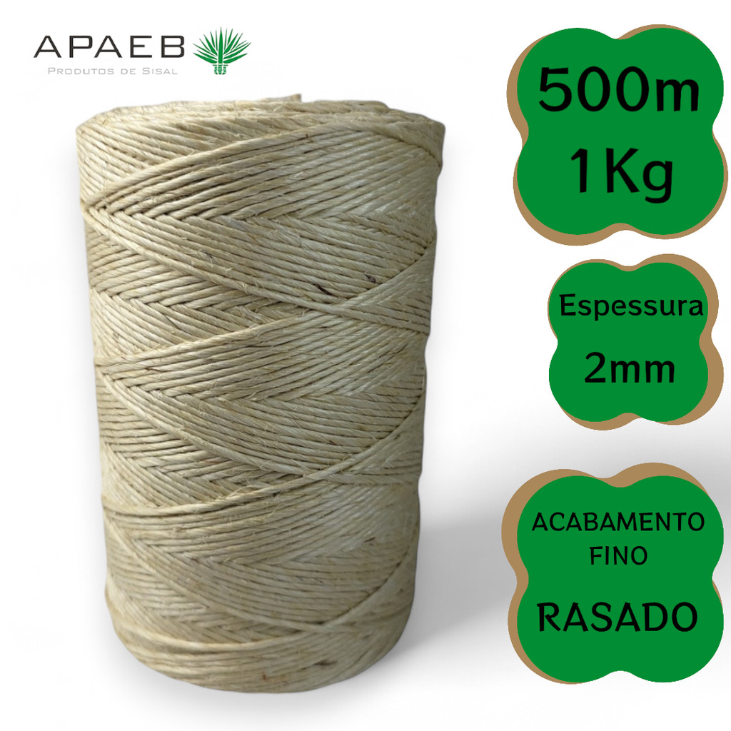 Fio de Sisal Barbante 2mm Rolo 1Kg 500 metros Rasado Acabamento Fino ...