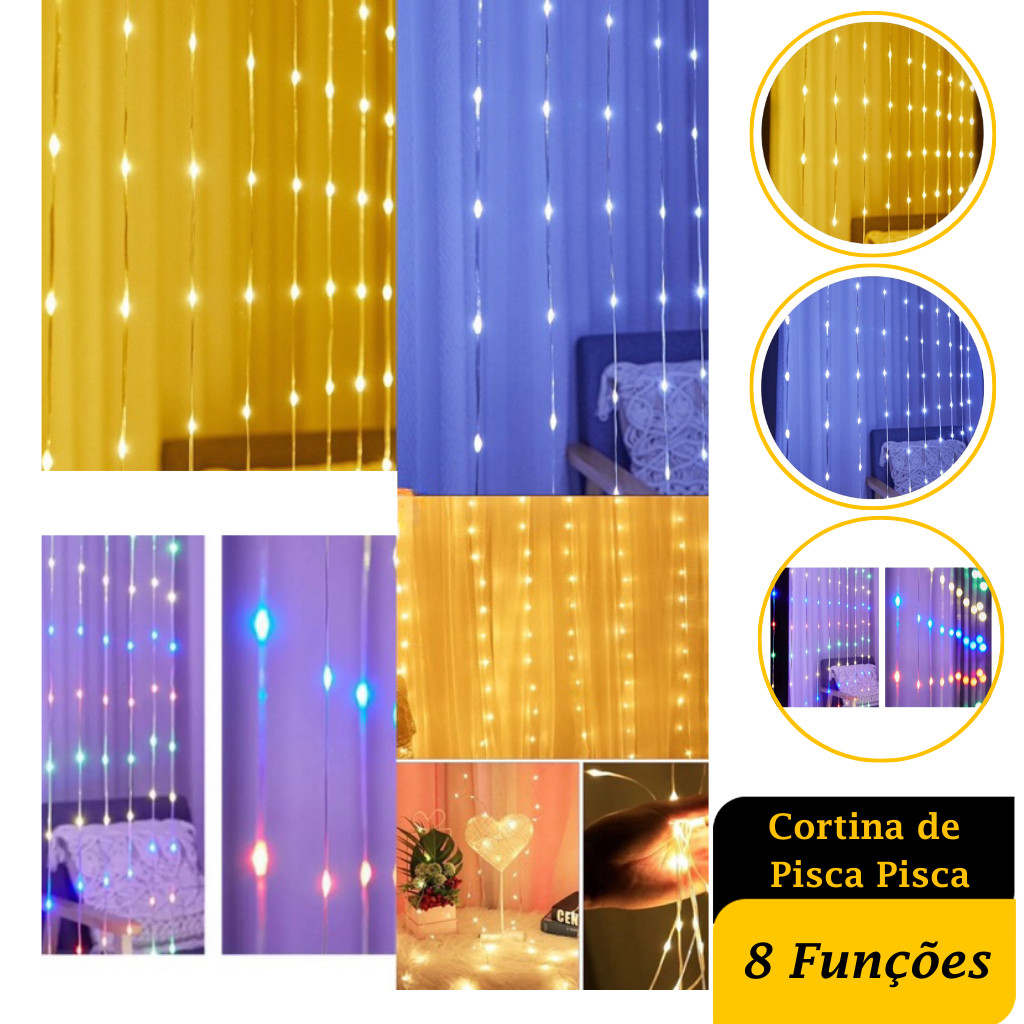 Cortina de Pisca-Pisca 3x3m 10 Luzes Suspensas 110/220V com 8 Funções e ...