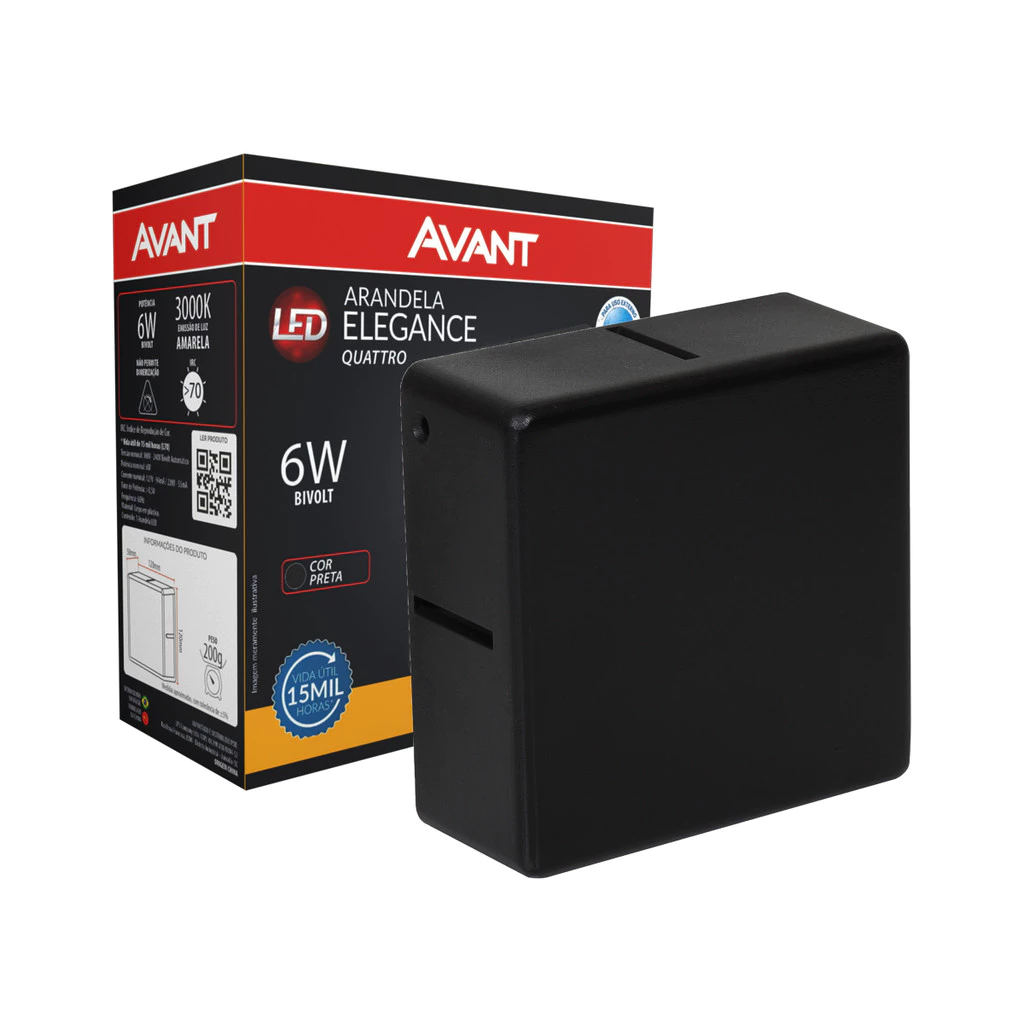 Arandela Led Elegance Quattro 6w 3000k Branco Quente 110v/220v Bivolt Ip65 a prova d'água Preto Cod: 181980577 Avant