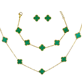 Kit Colar Choker Pulseira E Brinco Trevo Verde Gargantilha Sorte Luxo Elegante Virginia Aço Inox Dourado