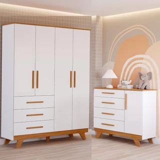 Quarto de Bebê Completo com Guarda Roupa 4 Portas Cômoda 4 Gavetas Retrô 100% MDF Móveis Peroba
