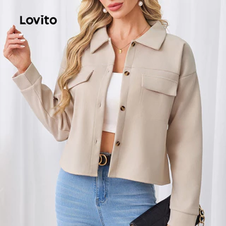 Lovito Jaqueta Casual lisa com bolso falso e botão para mulheres LBL23508 em Promoção na Shopee Lovito Jaqueta Casual lisa com bolso falso e botão para mulheres LBL23508