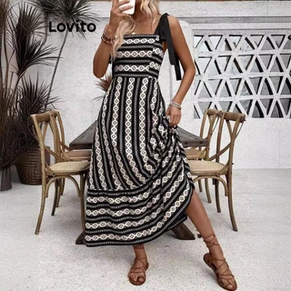 Lovito Vestido Boho com estampa listrada de renda para mulheres LNL72149