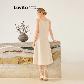 (Lovito Refine) Conjuntos casuais de saias com cadarço e estampas lisas para mulheres L99ED624
