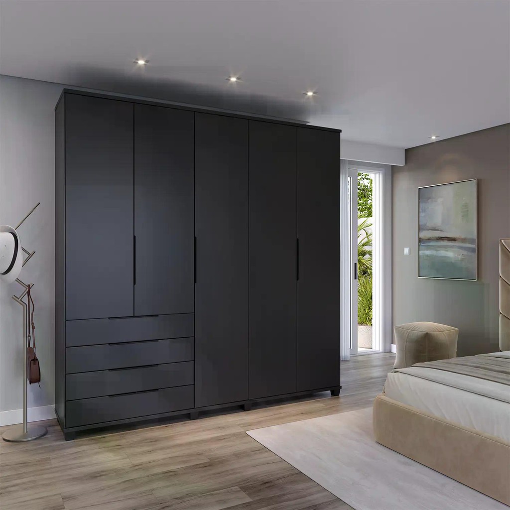 Guarda-Roupa Casal 5 Portas 4 Gavetas 100% MDF Allen 226 cm - Preto Fosco