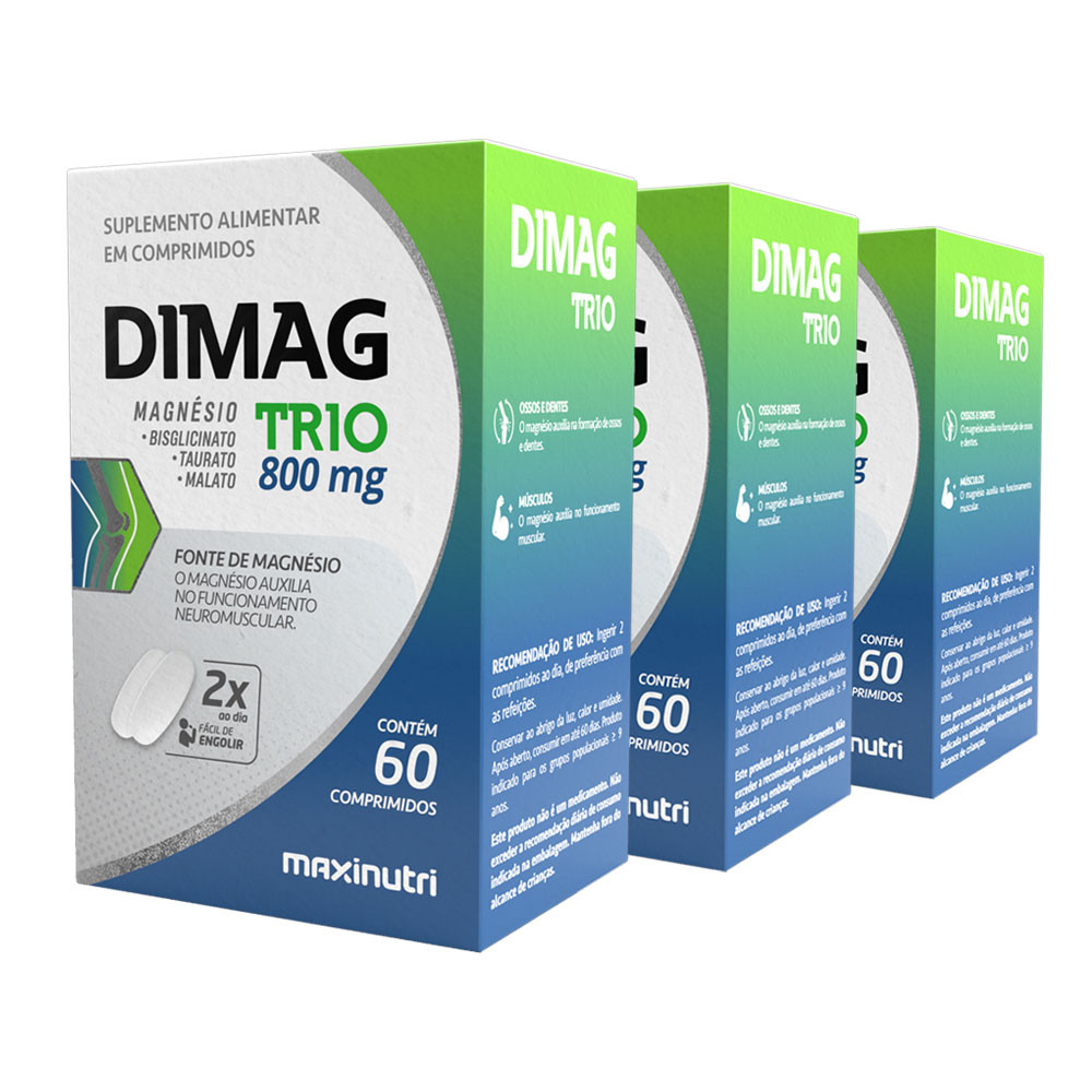 Kit 3 Dimag Trio Magnésio Bisglicinato Taurato e Malato 60 Caps ...