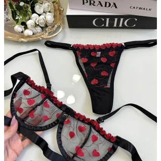 Conjunto lingerie calcinha sutiã com aro moda intima Gringa tule Bordado
