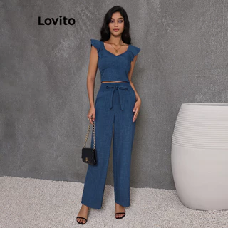 Lovito Conjuntos elegantes de calças de linha de estrutura lisa e simples para mulheres LBL16030