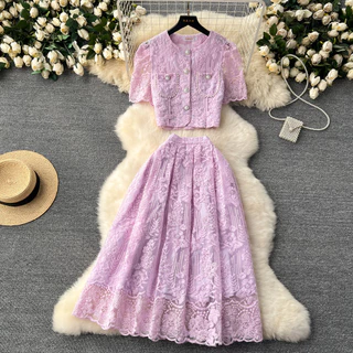 Feminino Roxo Terno Renda Francesa Crochê Manga Bufante Camisa Conjunto De Duas Peças Cintura Alta Saia Emagrecedora