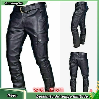 Calça de couro sintetico fashion masculina