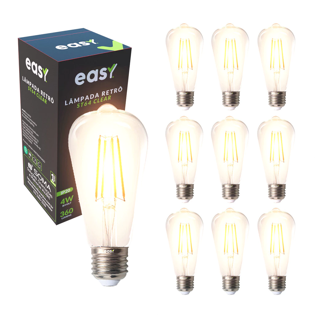 Kit 10 Lâmpadas de Led ST64 Retro Vintage Clear 4w 2400k E27 Vintage Easy Luz Quente