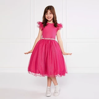 Vestido Glitter Pink Manga Godê De Festa Infantil Rodado