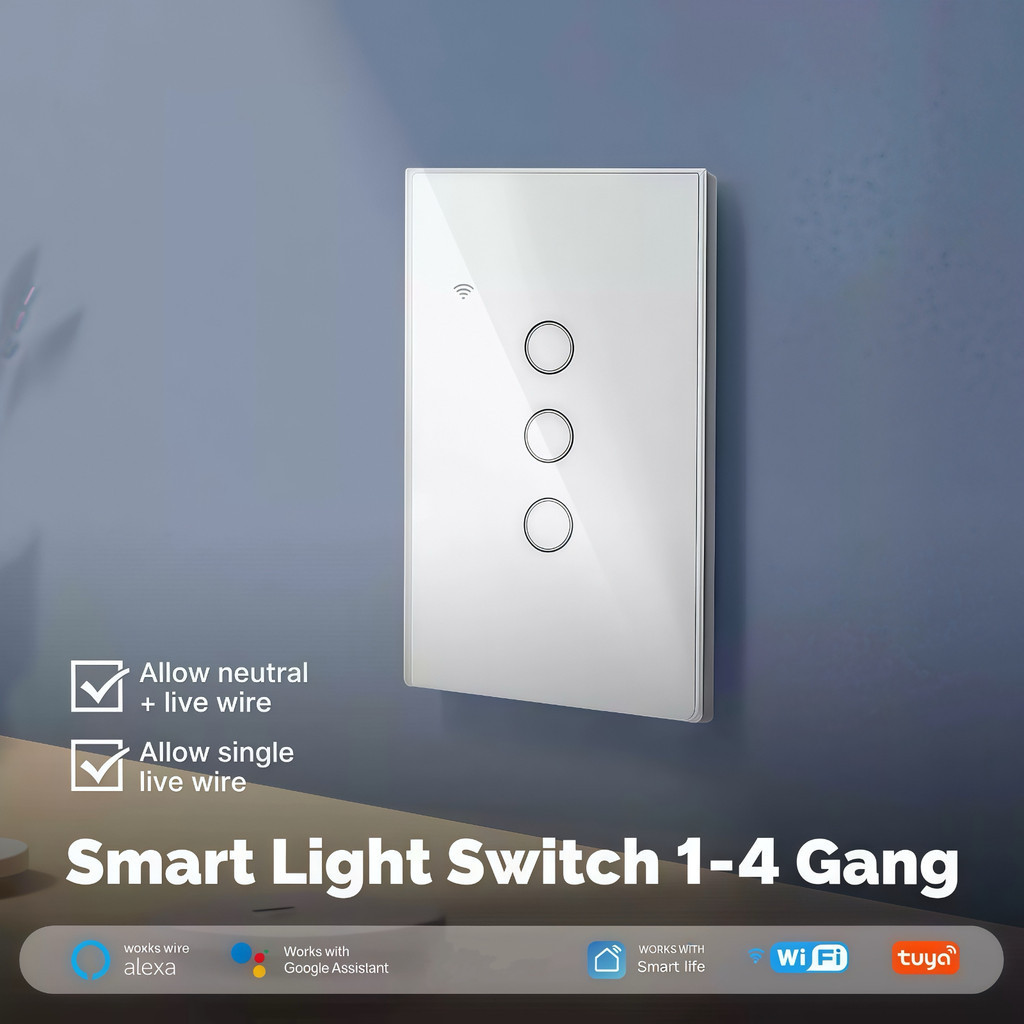 Tuya Smart Wi-Fi Switch 3 botões touch, celular, Alexa ou Google Home