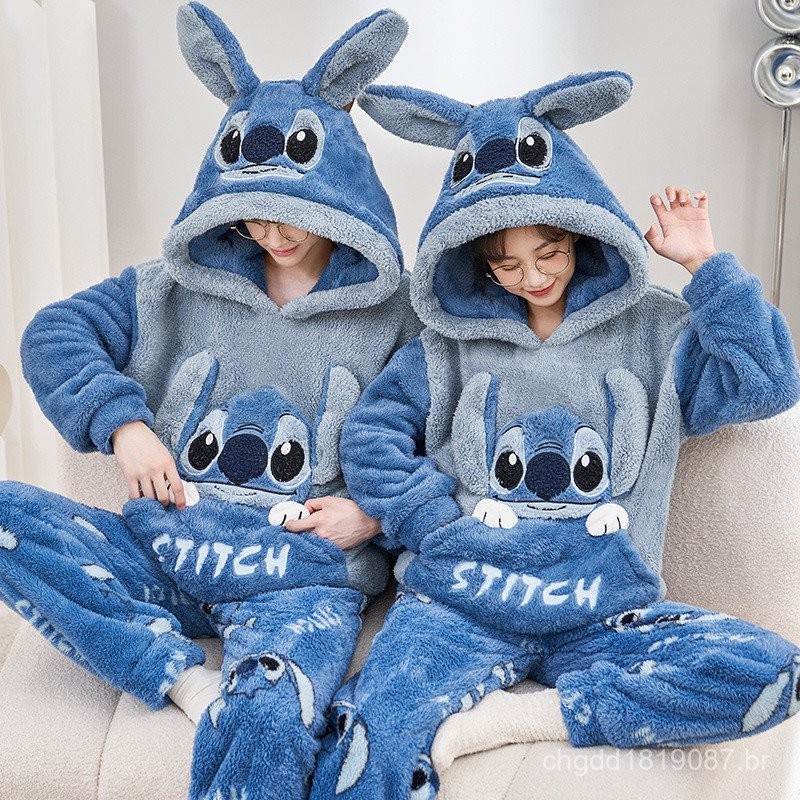 Pijama Stitch Casal Inverno Flanela Coral - Conjunto com Capuz e Meias ...