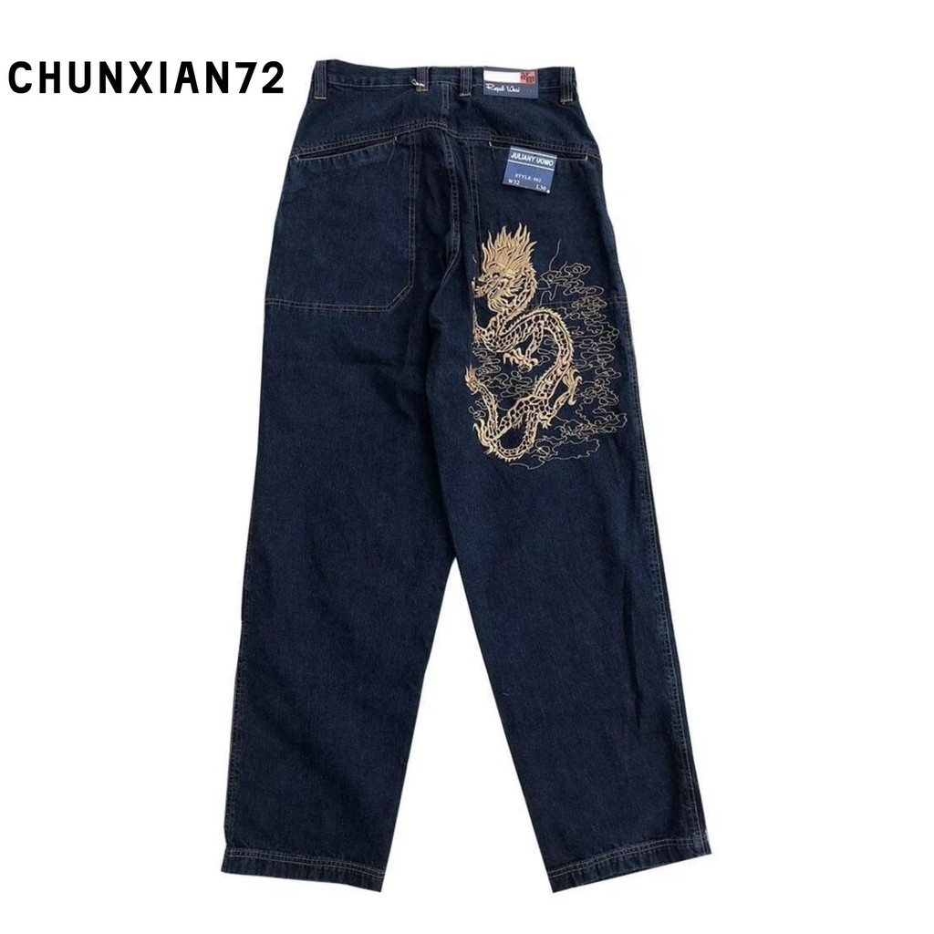 Y2K Jeans Harajuku Retro Dragão Bordado Padrão Baggy Calça Y2K Jeans Harajuku Retro Dragão Bordado Padrão Baggy Calça