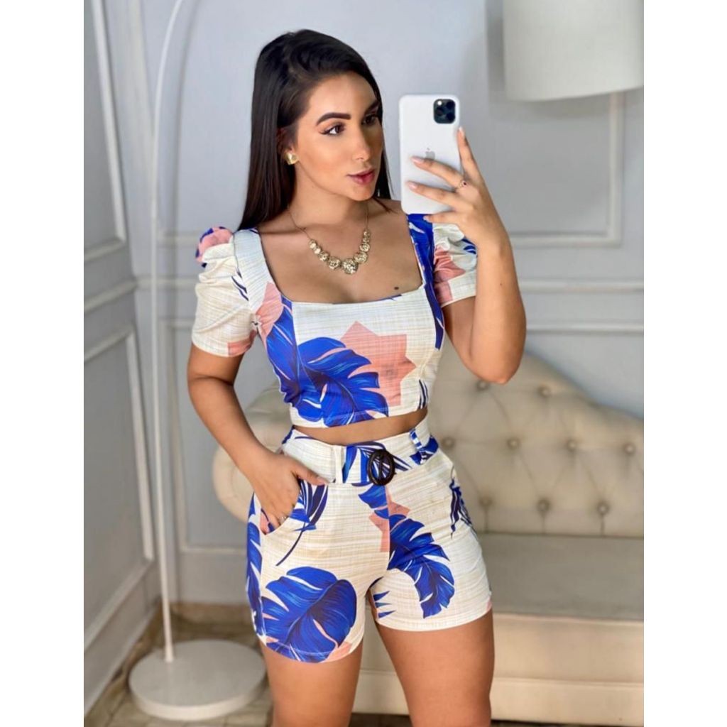Conjunto Feminino Blusa com Bojo e Short com Cinto Conjuntinho Feminina ...