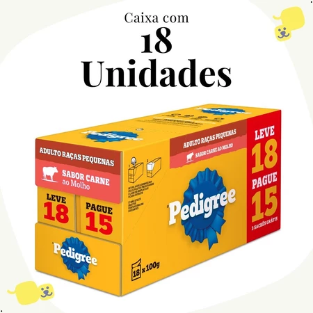 Kit 18 sachês pedigree cães adultos raças pequenas alimento úmido sabor carne 100g