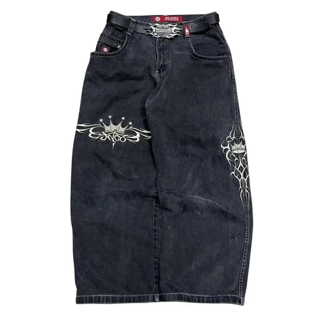 Harajuku Hip Hop Retro Crânio Gráfico Bordado JNCO Jeans Novo