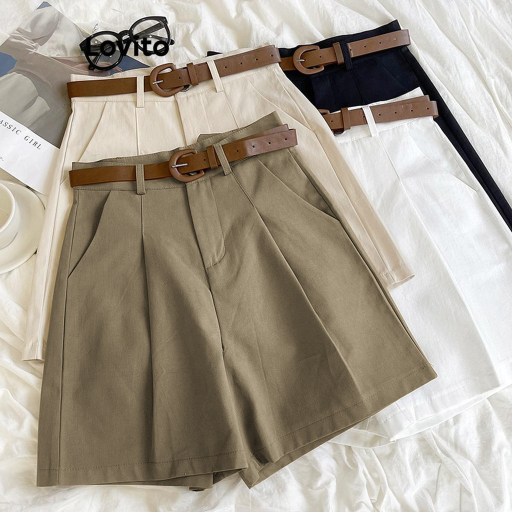 Lovito Short casual plissado liso para mulheres LNL72009