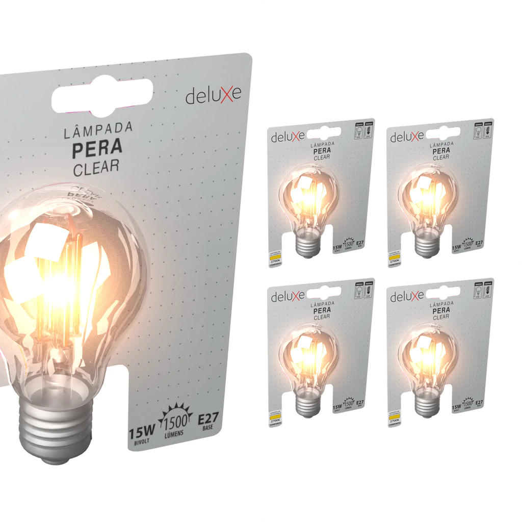 Kit 5 Lampada Led Pera Filamento Clear 15W 2700k E27 Deluxe
