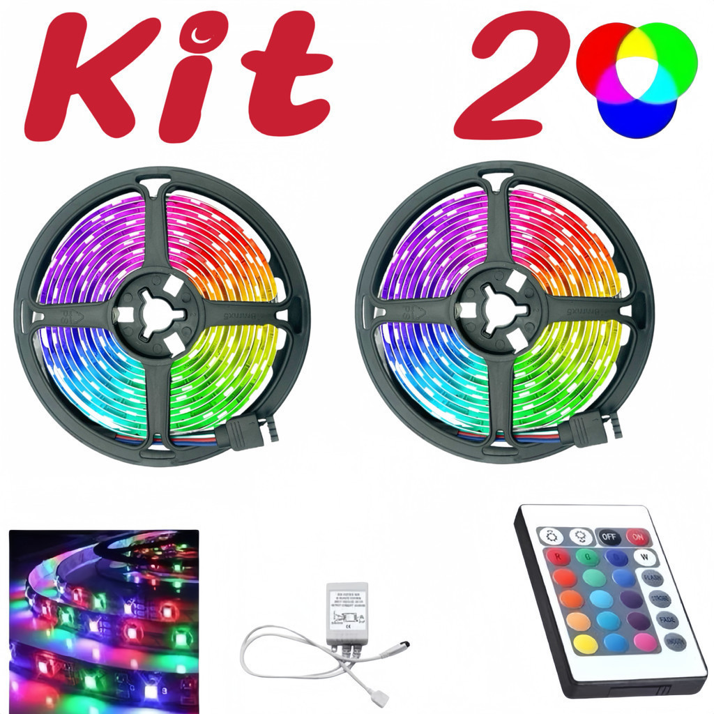 Kit 2 Fita de LED 2835 RGB Multicolorida 300 LED 5M 12V IP65 COM ...