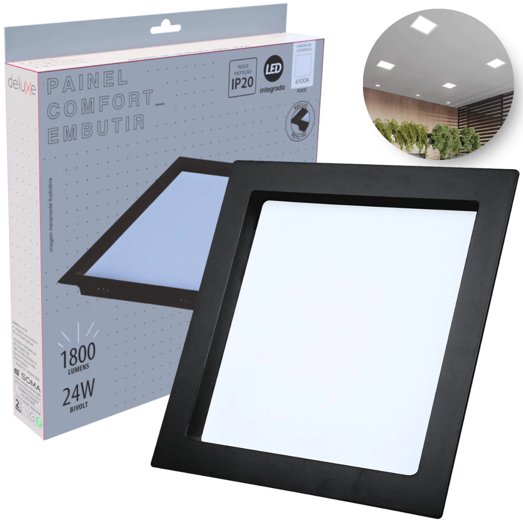 Painel Led Recuado 24w Quadrado 6500k Comfort Branco Frio 26cm 110V/220V Bivolt Preto Fosco Cód: 908241370 - Deluxe