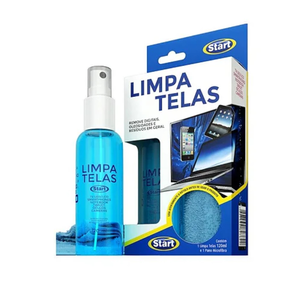 Kit Limpa Telas Start 120ml + Pano Microfibra - Remove Resíduos, Gorduras e Manchas Digitais