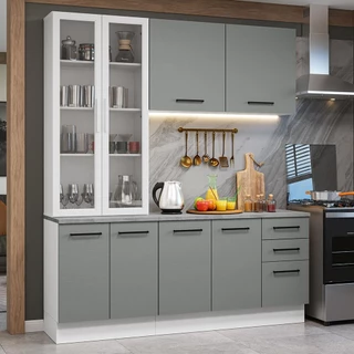 Armário de Cozinha Completa 190cm com Cristaleira Branco/Cinza Agata Madesa 01 em Oferta na Shopee