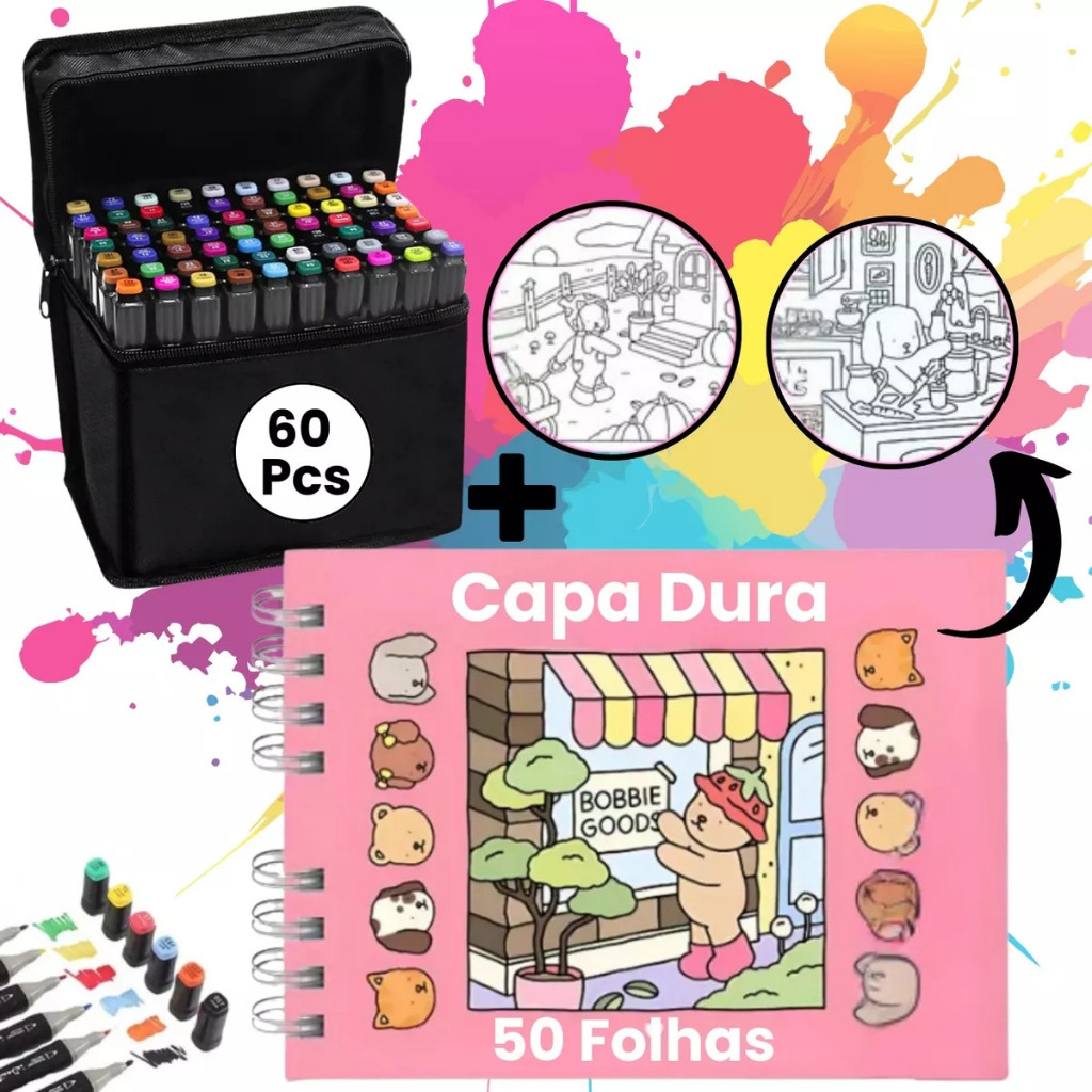 Kit Livro De Colorir Bobbie Goods + Canetas 60 Cores Dupla