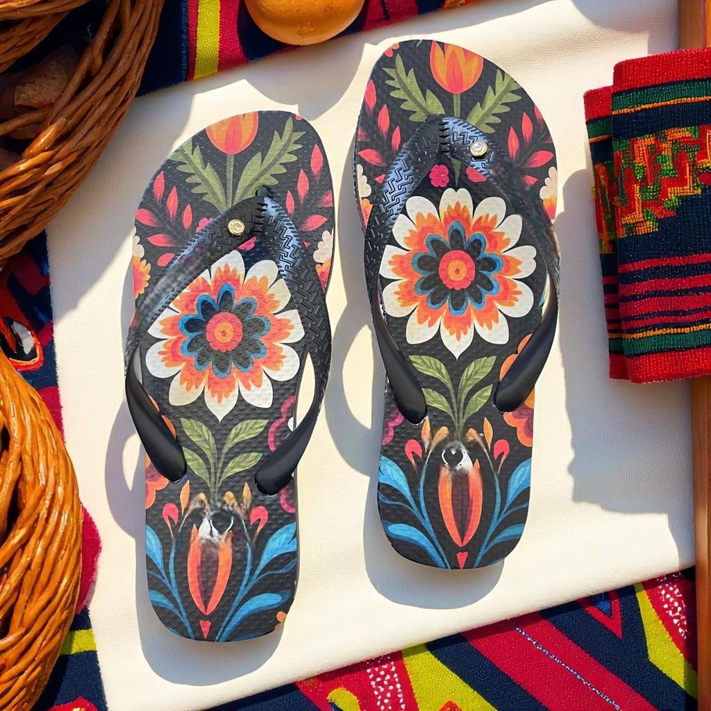 Chinelo Feminino Floral Tropical com Fundo Escuro e Visual Fashion