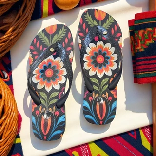 Chinelo Feminino Floral Tropical com Fundo Escuro e Visual Fashion