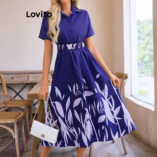 Lovito Vestido feminino Boho Plants com costura e botão frontal LBL15386