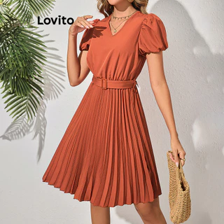 Lovito Vestido elegante liso plissado com cinto de renda para mulheres LBL16091