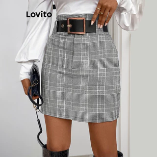 Lovito Saia elegante com botões xadrez para mulheres LBL15078