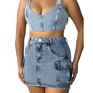 Conjunto Jeans Com Saia Cargo E Cropped Lavagem Clara