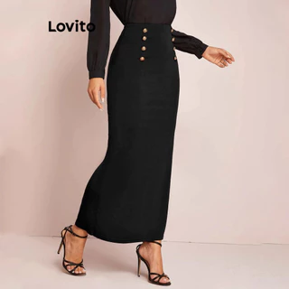 Lovito Saia elegante lisa com botão duplo para mulheres LNL69118