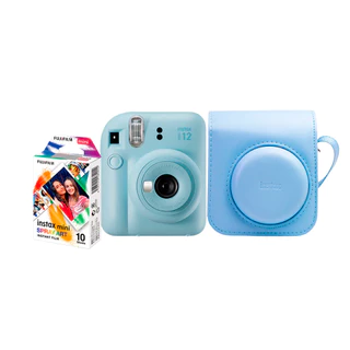 Kit Câmera Instantânea Instax Mini 12 Azul Pack 10 Filmes Spray Art Bolsa Azul Candy Fujifilm