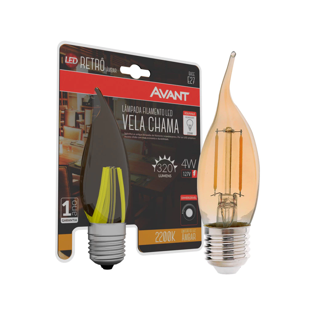 Lampada Led Vela Filamento Chama 4w 2200k Branco Quente E27 220v Ip20 Cod: 180207161 Avant