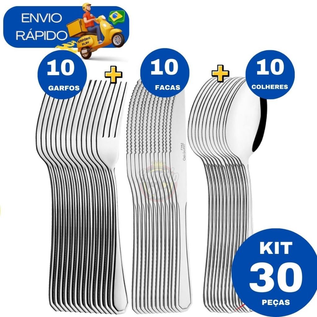 Kit 30 Peças Jogo de Talher Mesa Cozinha 10 Colher 10 Garfo 10 Faca de ...