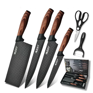 Conjuto de Faca Inox 6 Peças Com Cabo Reforçado Aço Carbono Tesoura Cutelo Descascador Carne Legumes
