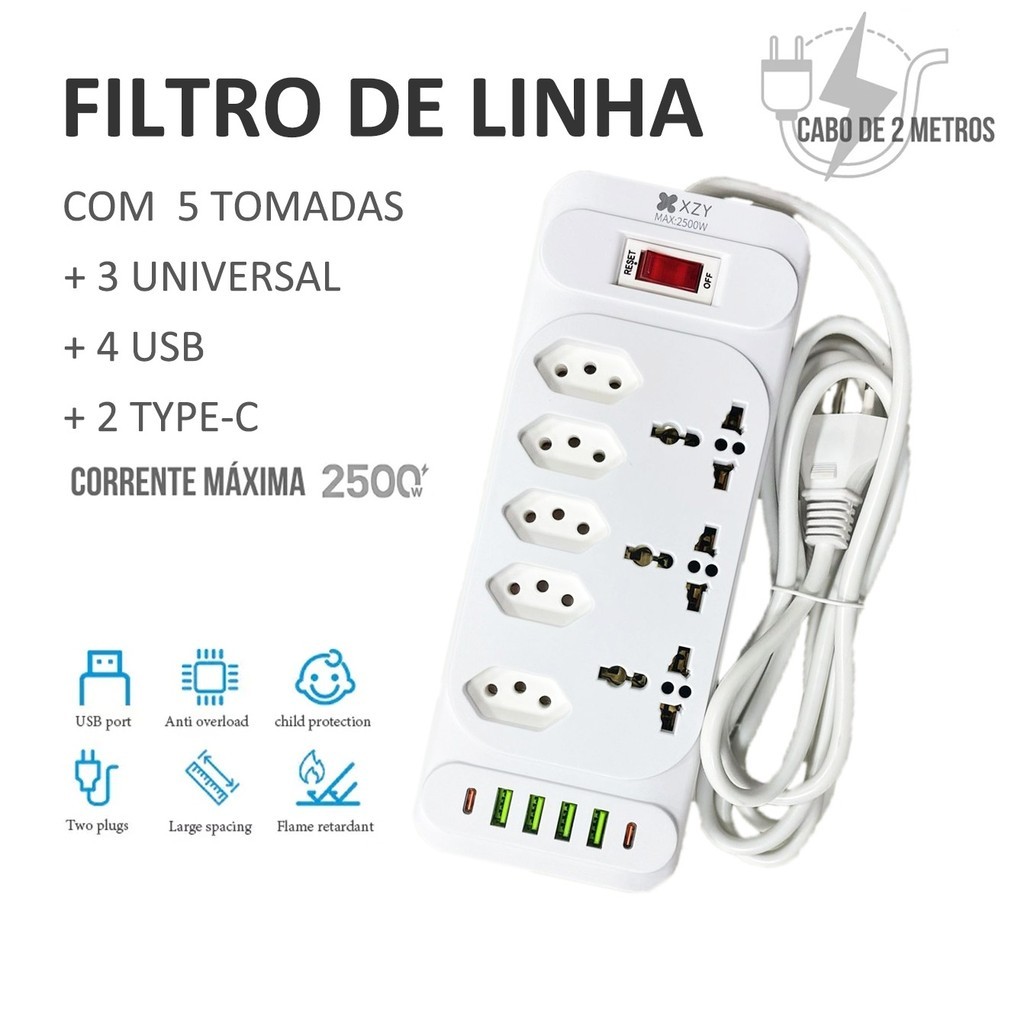 Régua Filtro de Linha com 7 Tomadas Extensão Elétrica 3 Universal 4 U 2 Type c Bivolt 10A 110V/220V