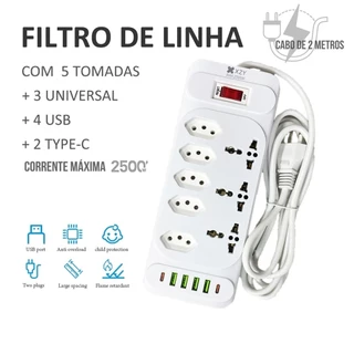 Régua Filtro de Linha com 7 Tomadas Extensão Elétrica 3 Universal 4 U 2 Type c Bivolt 10A 110V/220V