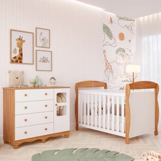 Quarto de Bebê Completo Berço Americano Marquesa 3 Em 1 Cômoda Uli 4 Gavetas 1 Porta 100% MDF Móveis Peroba
