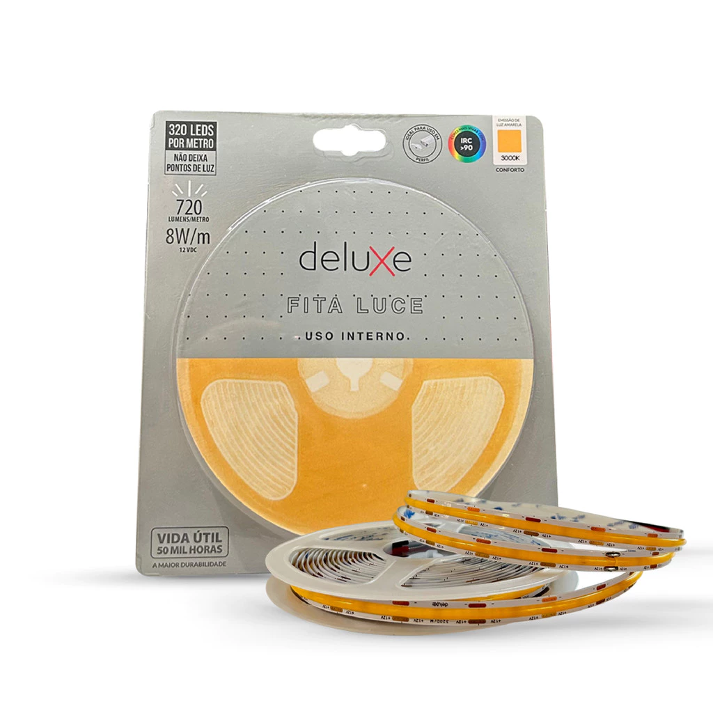Fita Led Luce Branco Quente 3000K 5m 12V 8w IP20 Deluxe
