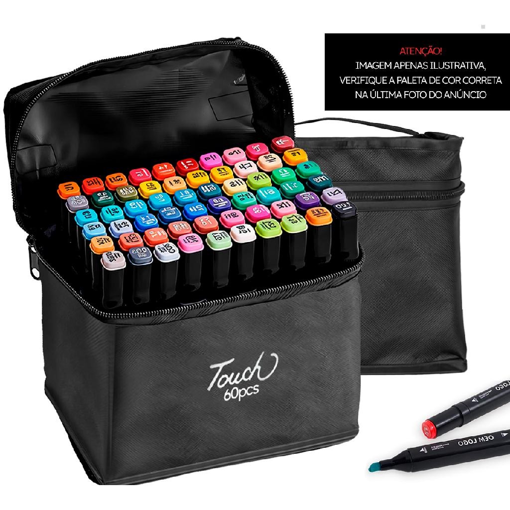 Conjunto Canetinhas 60 Cores Ponta Dupla Fina Grossa + Estojo