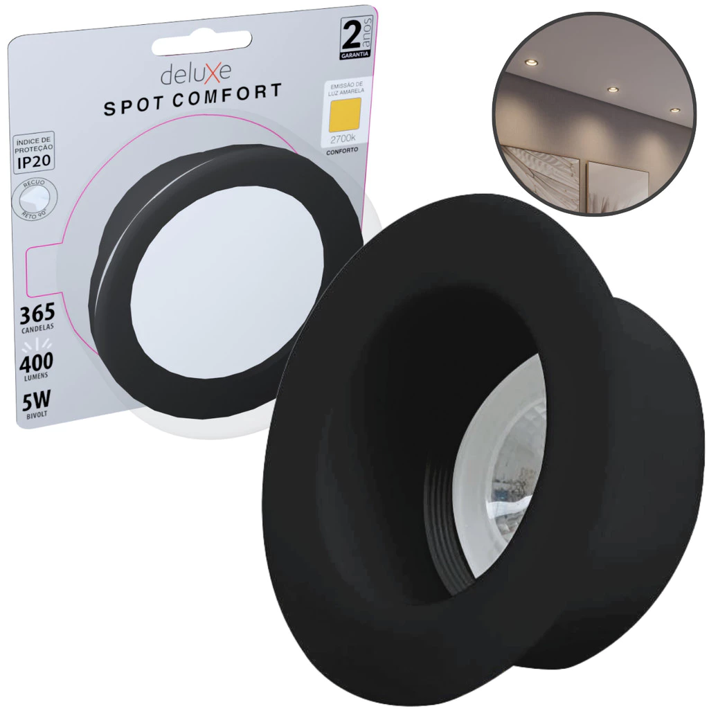 Spot de Led Comfort 2700k Branco Quente 5w Recuado Redondo Embutir 110v/220v Bivolt Preto Cód: 908841057 Deluxe