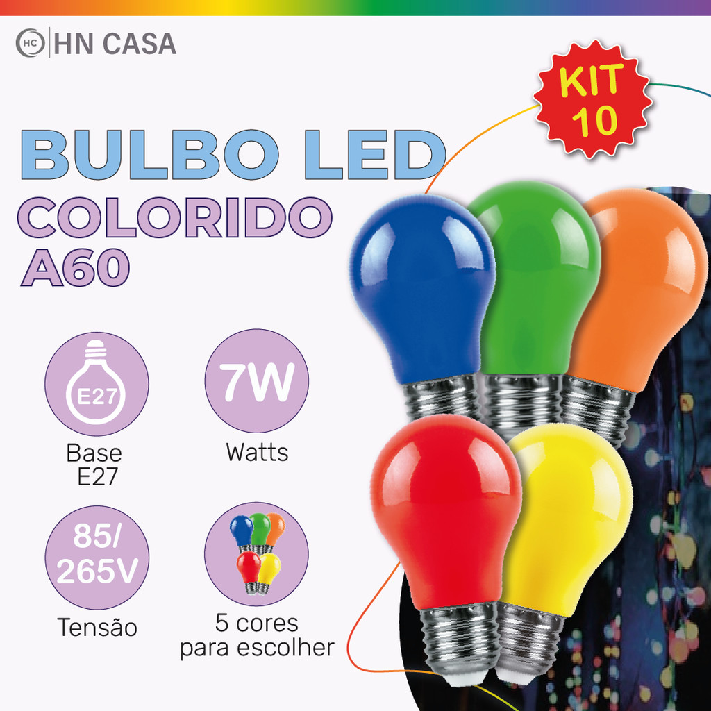 Kit 10 Lâmpada Bulbo Led 7w Decorativa A60 Luz Colorida Vermelho | Laranja | Verde | Amarelo | Azul Bivolt E27 em Oferta na Shopee