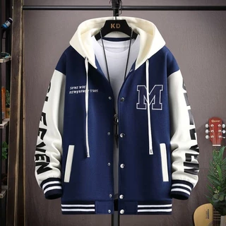 Jaqueta Masculina Tamanho Grande Solta Versátil Casual Com Capuz Primavera E Outono Contraste Estampado Casaco Zíper