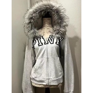 Harajuku Millennium Vintage Estilo Doce Cinza Cardigan Moletom Com Capuz Para Mulheres Inverno Gola De Pele Jaqueta Zípe